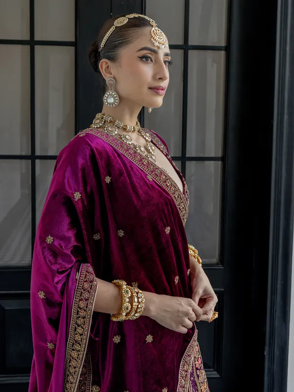 Wine velvet lehenga choli for bride