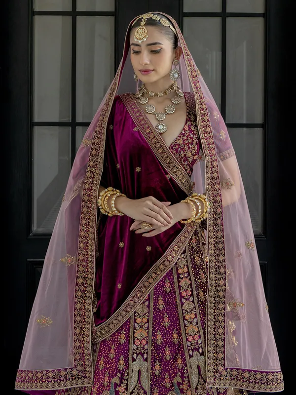 Wine velvet lehenga choli for bride