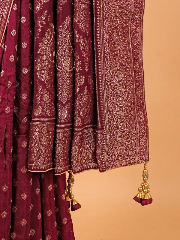 Wine wedding wear saree in dola silk