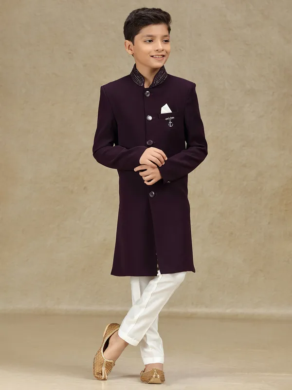 Wine wedding wear terry rayon indowestern