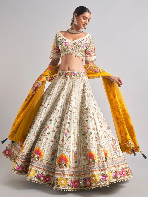 Wonderful off-white raw silk lehenga choli