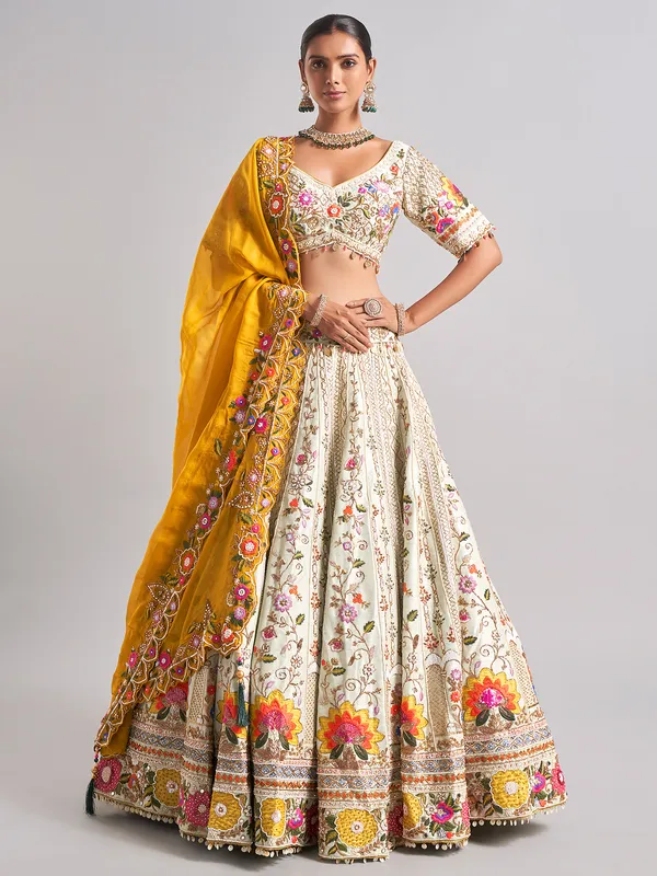 Wonderful off-white raw silk lehenga choli