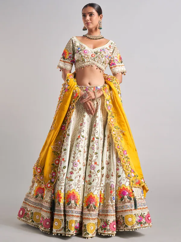 Wonderful off-white raw silk lehenga choli