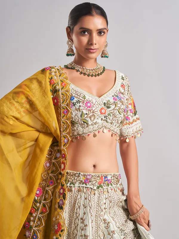 Wonderful off-white raw silk lehenga choli