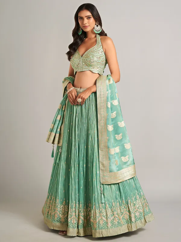 Wonderful pista green laycra lehenga choli