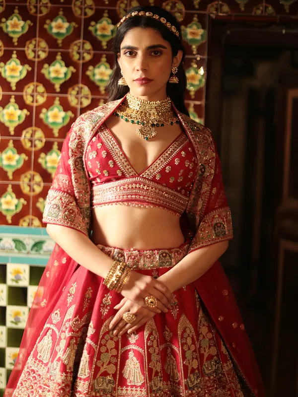 Wonderful red lehenga choli in raw silk