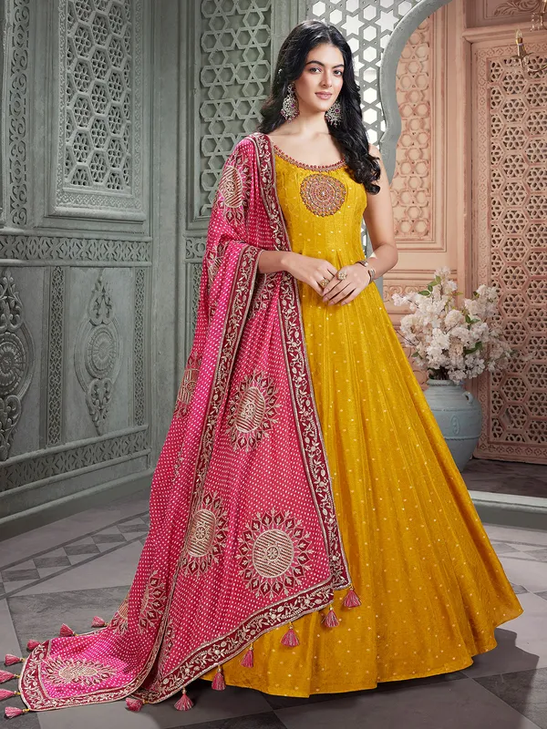 Yellow anarkali suit with printed red dupatta