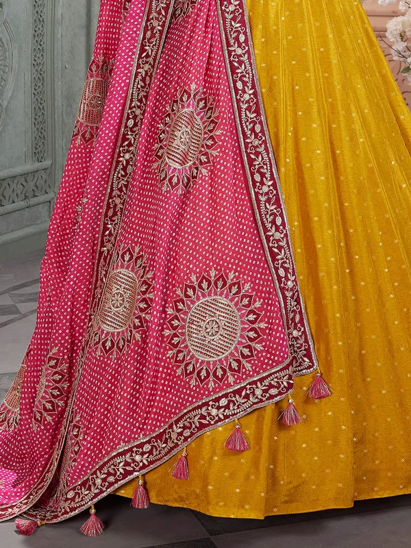 Yellow anarkali suit with printed red dupatta