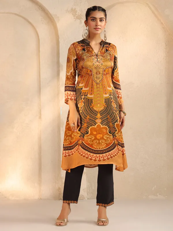 Yellow and black silk printed kurti set