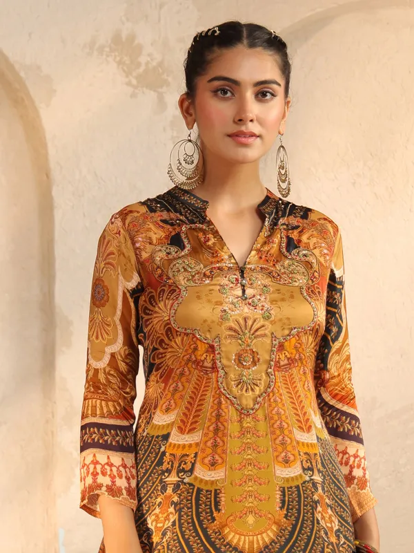 Yellow and black silk printed kurti set