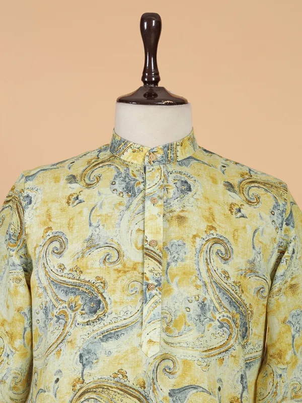Yellow and blue printed festive kurta for men