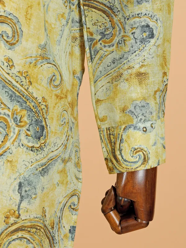 Yellow and blue printed festive kurta for men