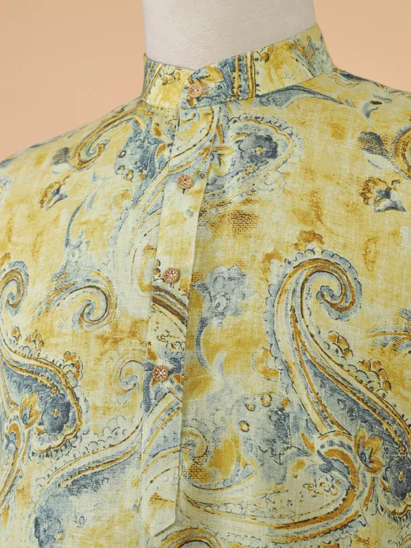 Yellow and blue printed festive kurta for men