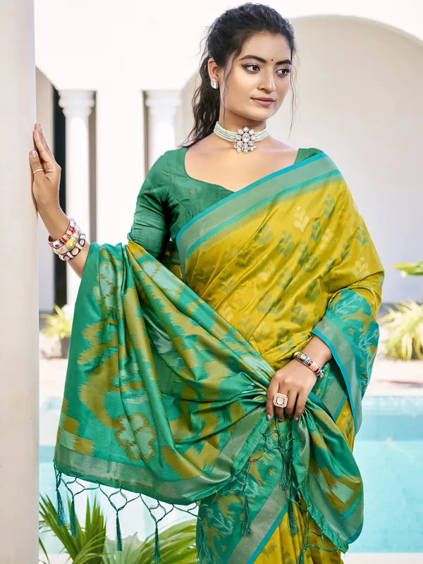 Yellow and blue silk saree for celebrations