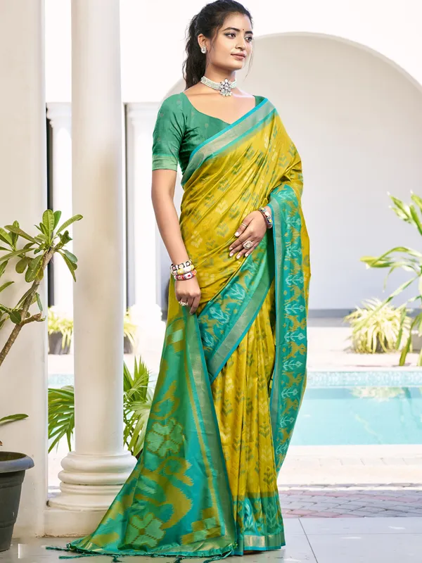 Yellow and blue silk saree for celebrations