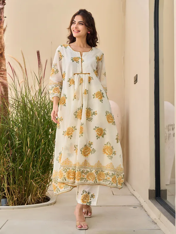 Yellow and cream cotton silk printed kurti set