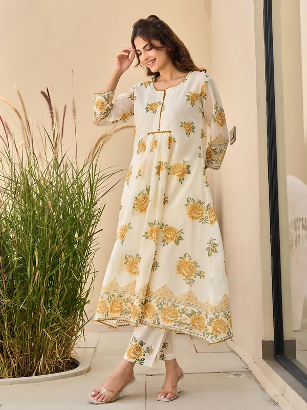 Yellow and cream cotton silk printed kurti set