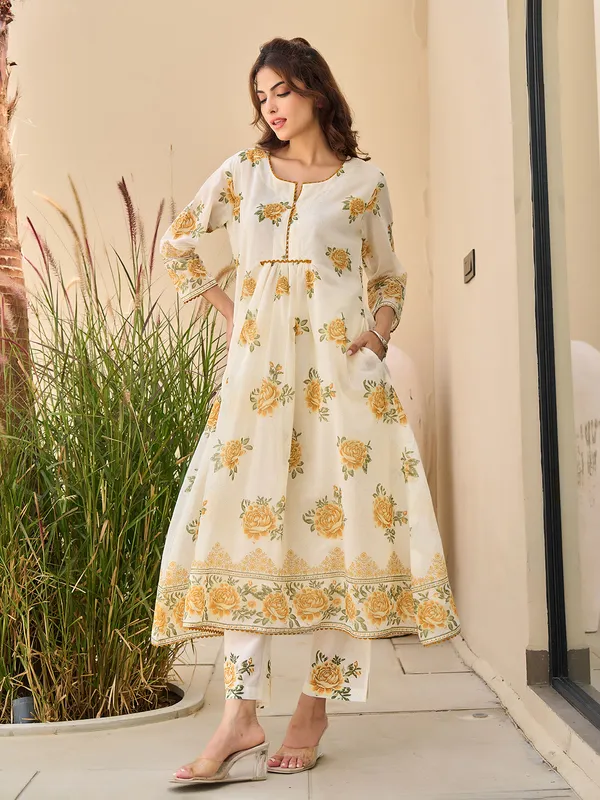 Yellow and cream cotton silk printed kurti set