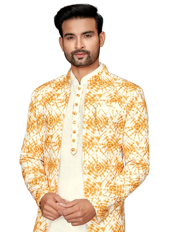 Yellow and cream printed indowestern