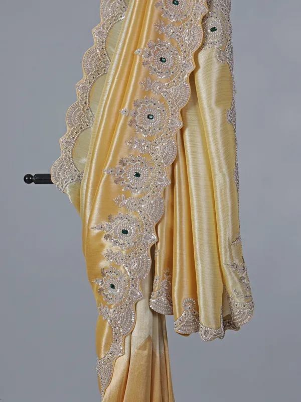 Yellow and gold shimmer dola silk saree for wedding