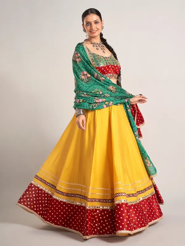 Yellow and green bandhej printed silk chaniya choli
