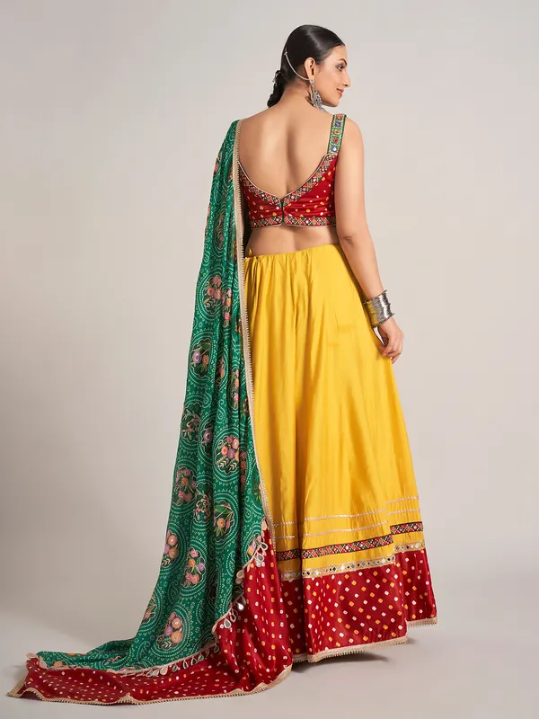 Yellow and green bandhej printed silk chaniya choli