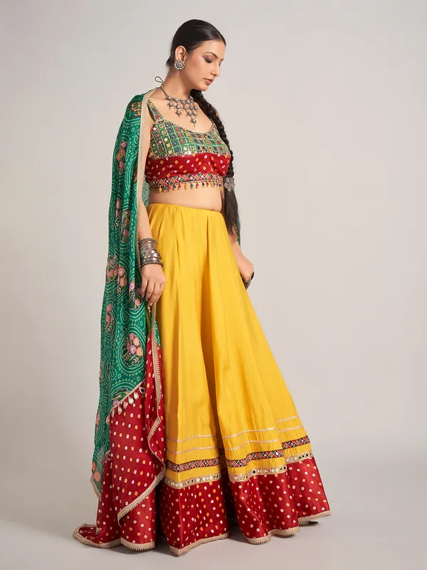 Yellow and green bandhej printed silk chaniya choli