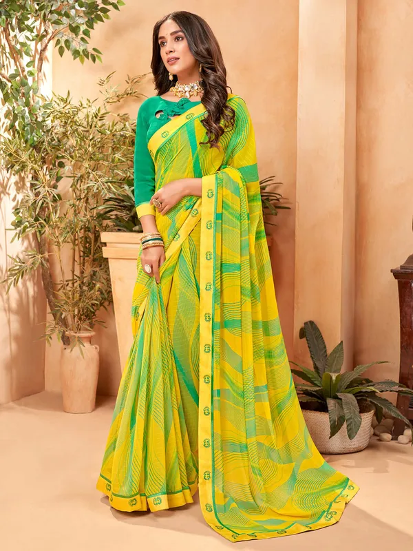 Yellow and green printed saree