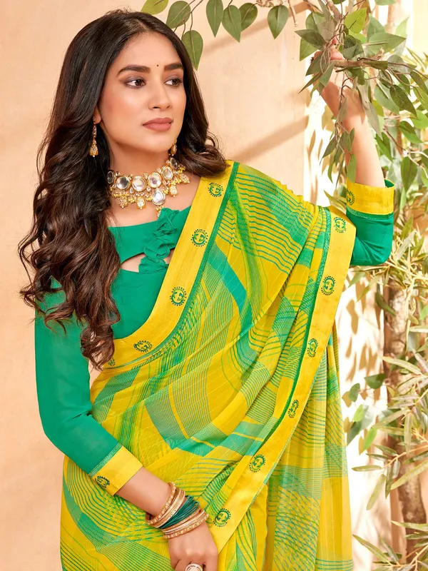 Yellow and green printed saree