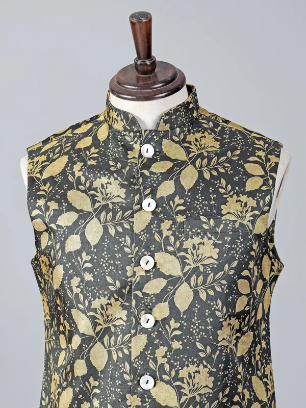 Yellow and grey printed cotton silk waistcoat