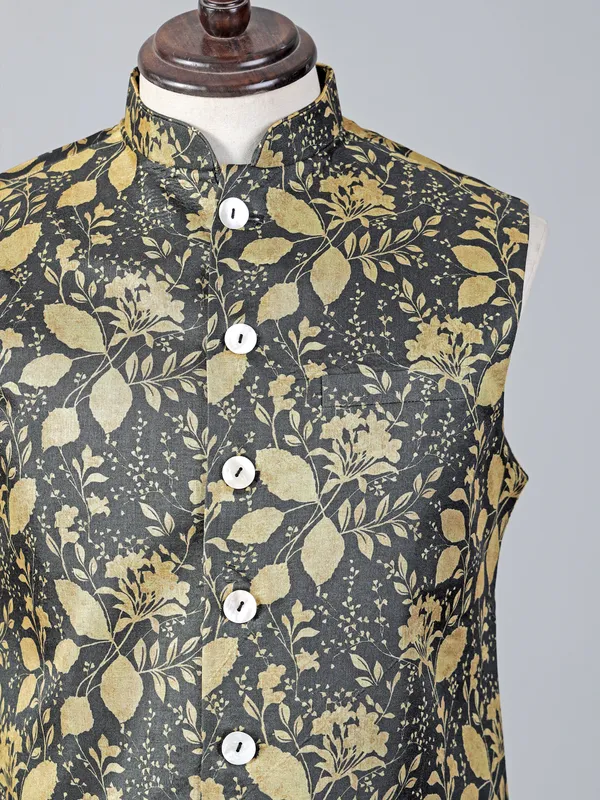 Yellow and grey printed cotton silk waistcoat