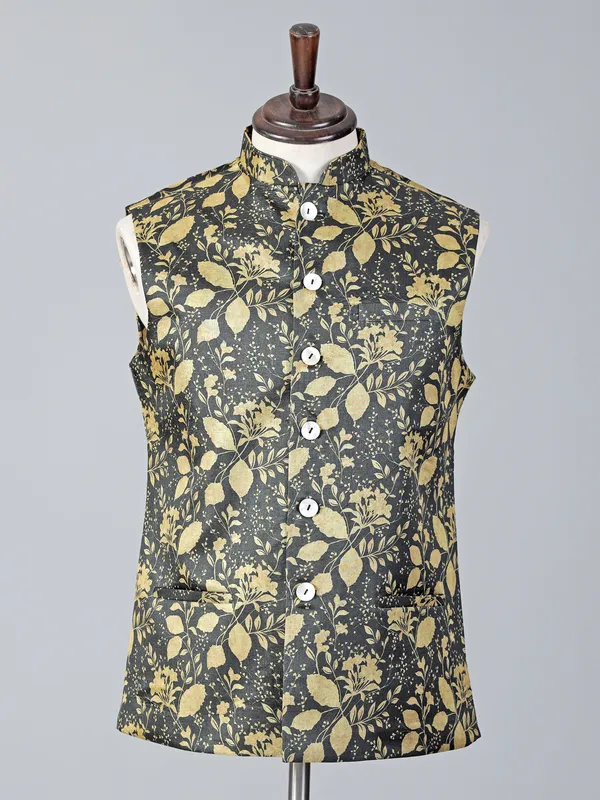 Yellow and grey printed cotton silk waistcoat