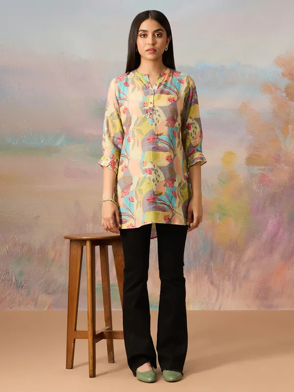 Yellow and grey silk printed tunic top