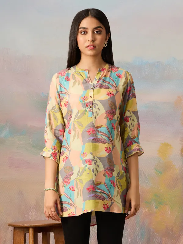 Yellow and grey silk printed tunic top