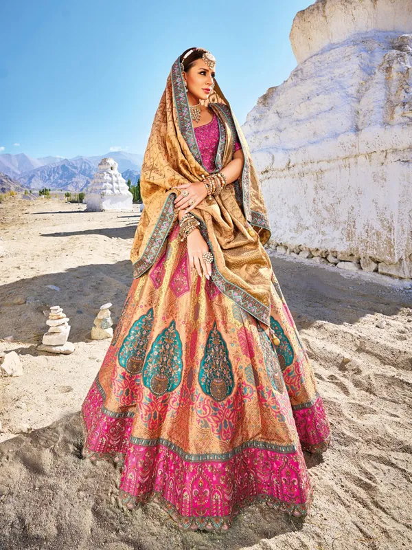 Yellow and magenta banarasi silk lehenga choli