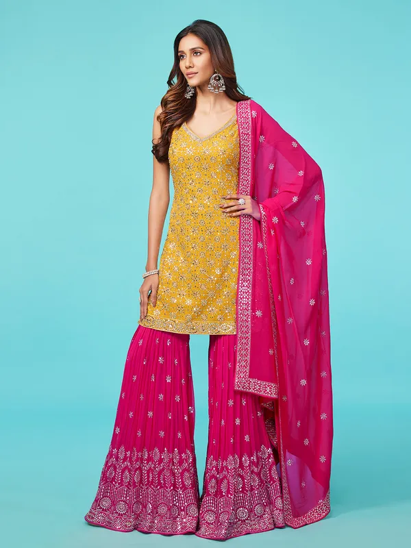 Yellow and magenta georgette sharara suit