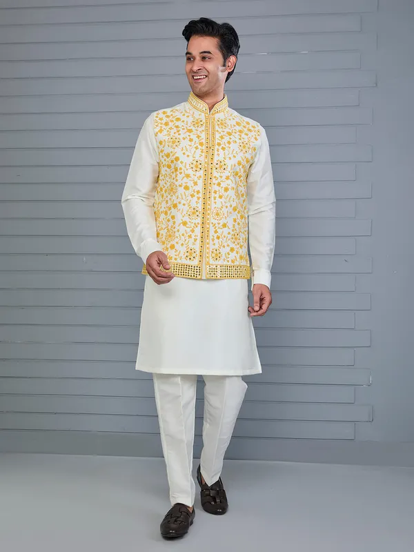 Yellow And Off White Silk Festive Waistcoat Set G3 MWCS505 yellow-and-off-white-silk-festive-waistcoat-set-g3-mwcs505