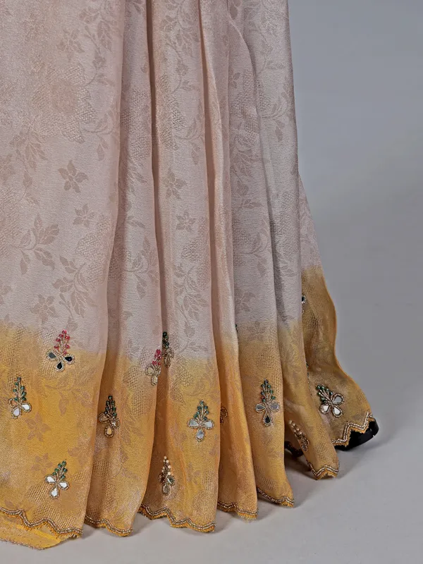 Yellow and off white tissue silk saree for receptions