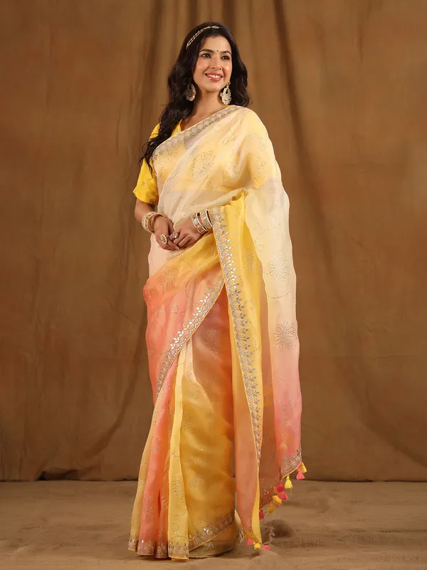 Yellow and peach shaded organza saree