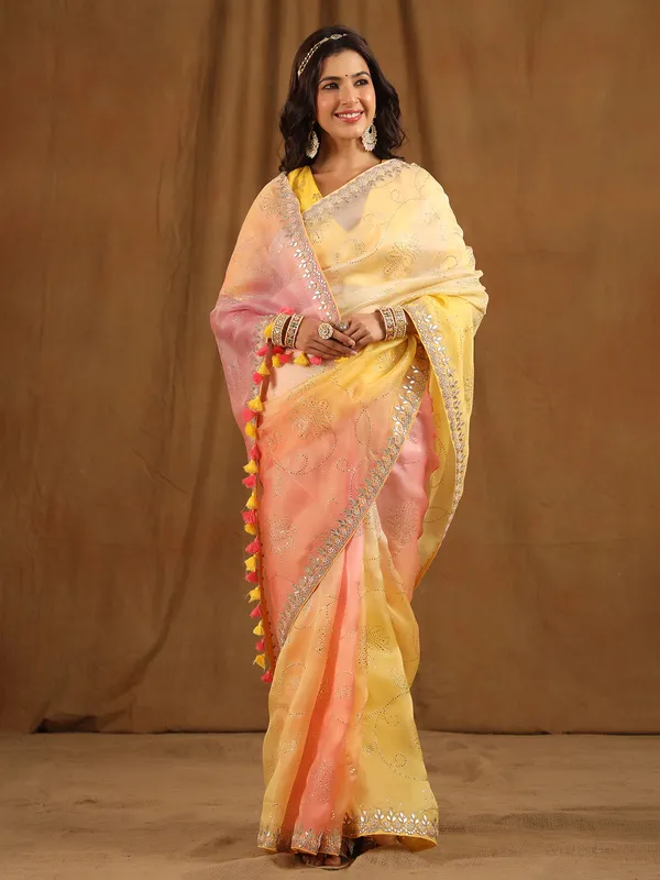 Yellow and peach shaded organza saree