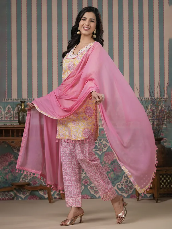 Yellow and pink cotton printed kurti set