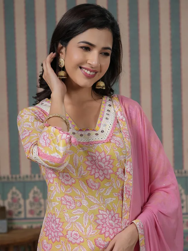 Yellow and pink cotton printed kurti set