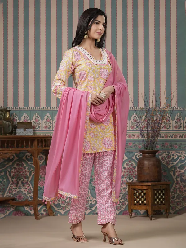Yellow and pink cotton printed kurti set