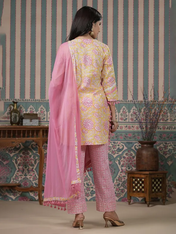 Yellow and pink cotton printed kurti set