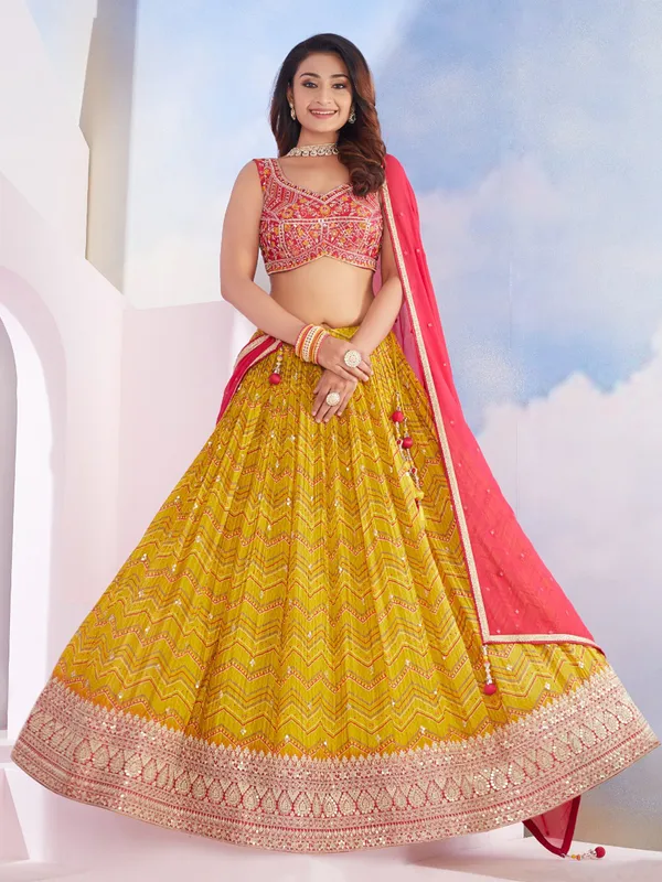 Yellow and pink printed lehenga choli