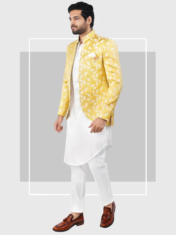 Yellow and white jacquard indowestern for wedding