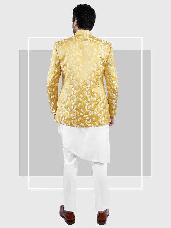 Yellow and white jacquard indowestern for wedding