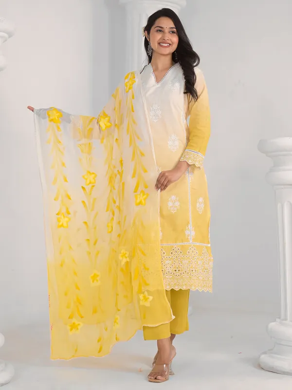 Yellow and white kurti set in cotton silk