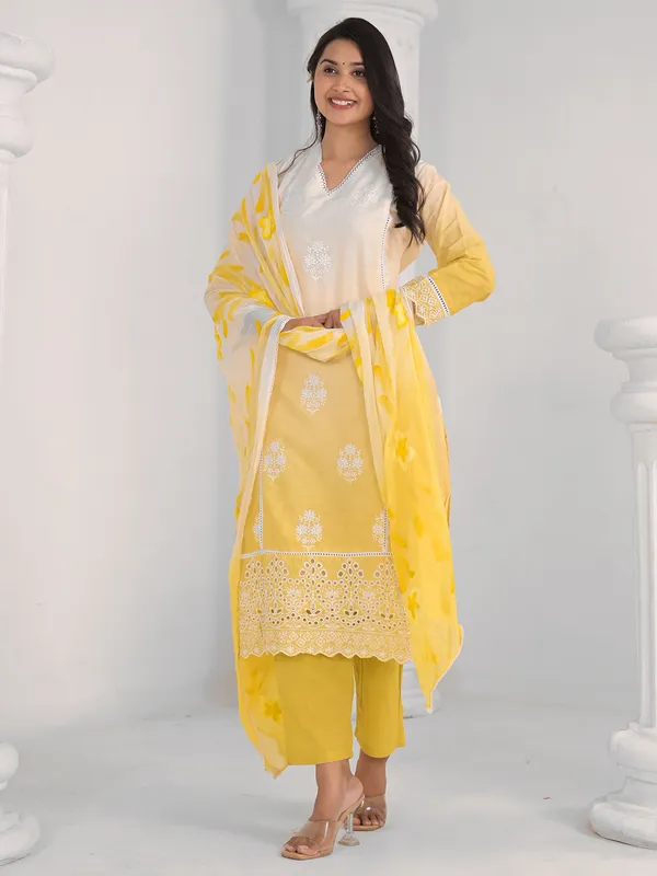 Yellow and white kurti set in cotton silk