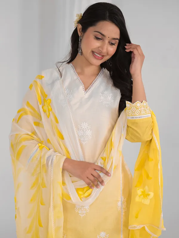 Yellow and white kurti set in cotton silk